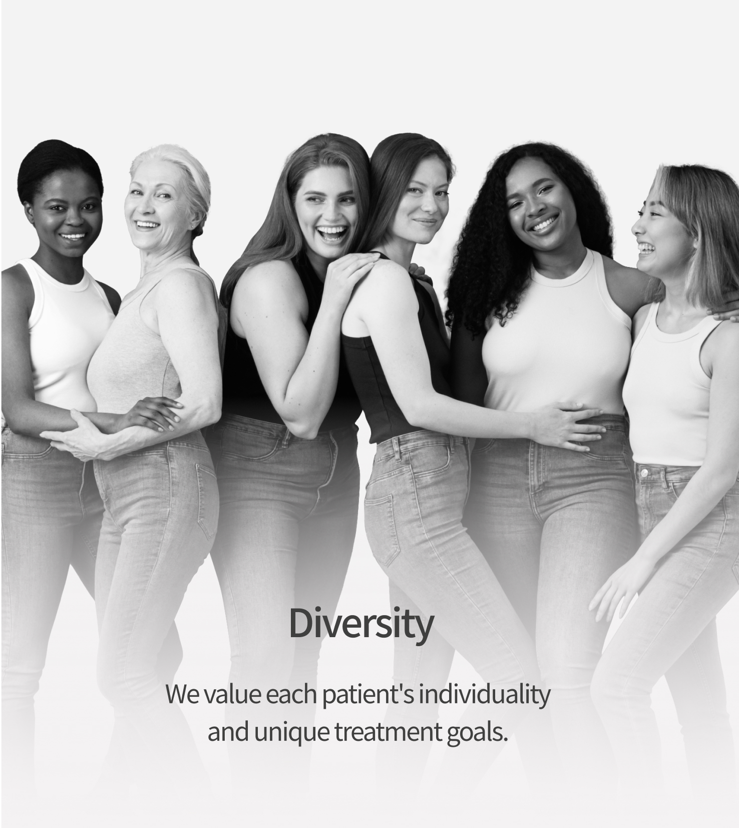 Diverse group of women of different ages and ethnicities smiling together, representing inclusive beauty care
