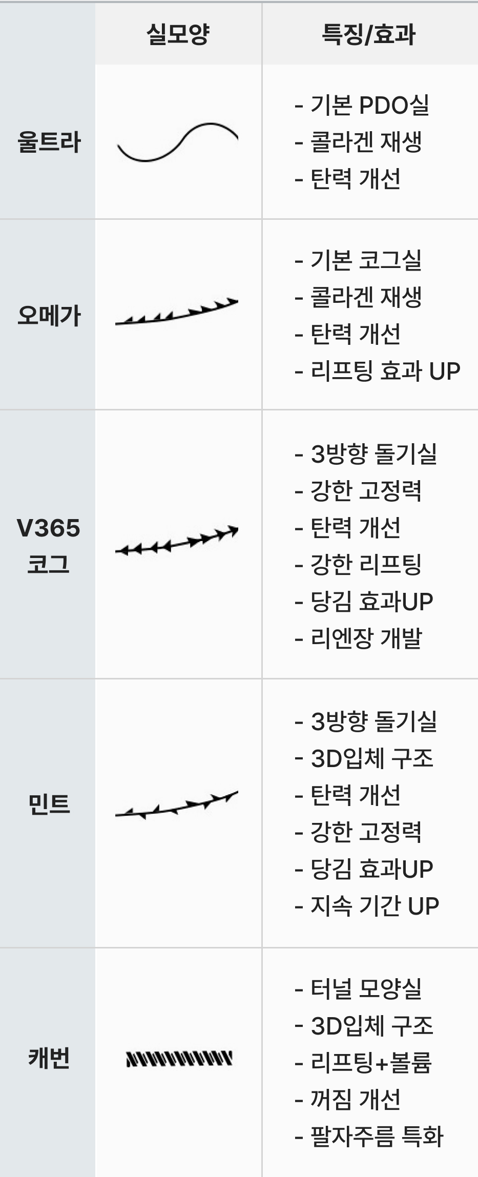 실리프팅 리프팅 실 라인업 모바일 표 이미지